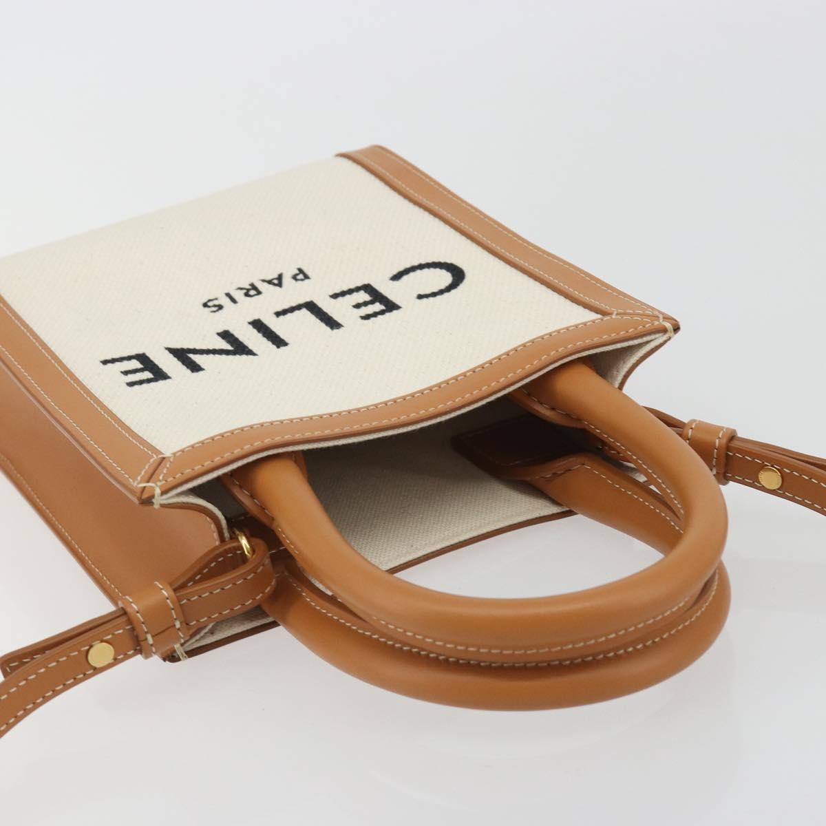 CELINE Vertical Cabas Tote Bag Canvas 2way White Gold Auth BA13687M