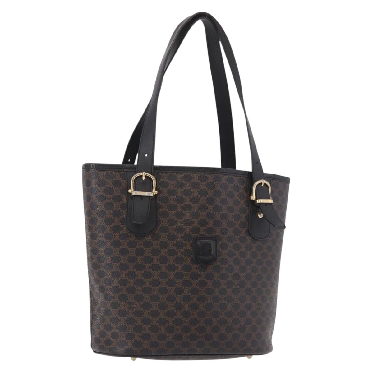 CELINE Macadam Canvas Tote Bag PVC Leather Black Gold Auth BA13696A