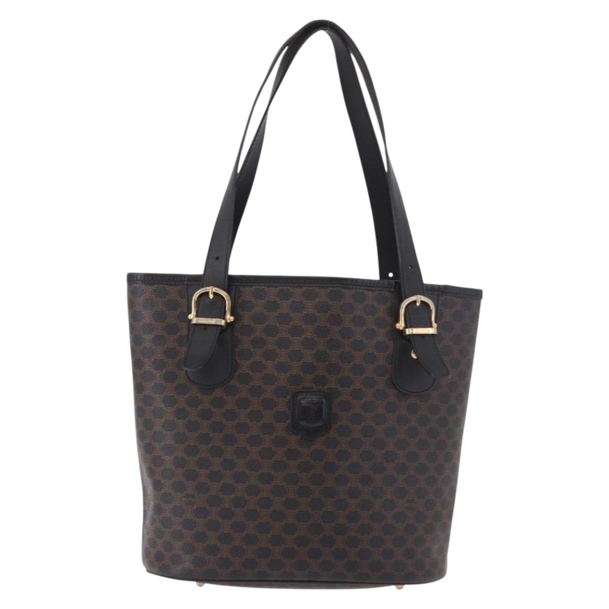 CELINE Macadam Canvas Tote Bag PVC Leather Black Gold Auth BA13696A