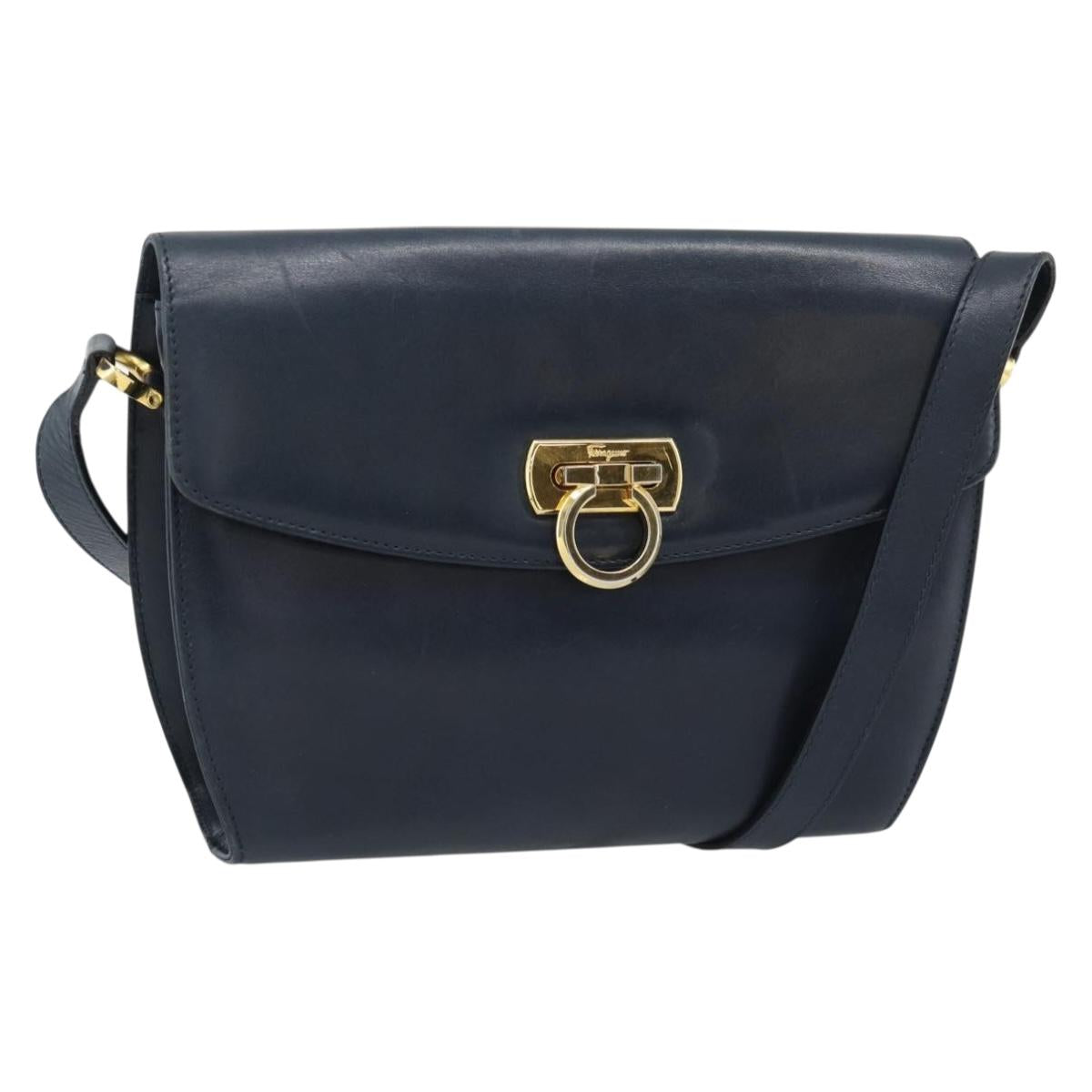 Salvatore Ferragamo Gancini Shoulder Bag Leather Navy Gold Auth BA13700