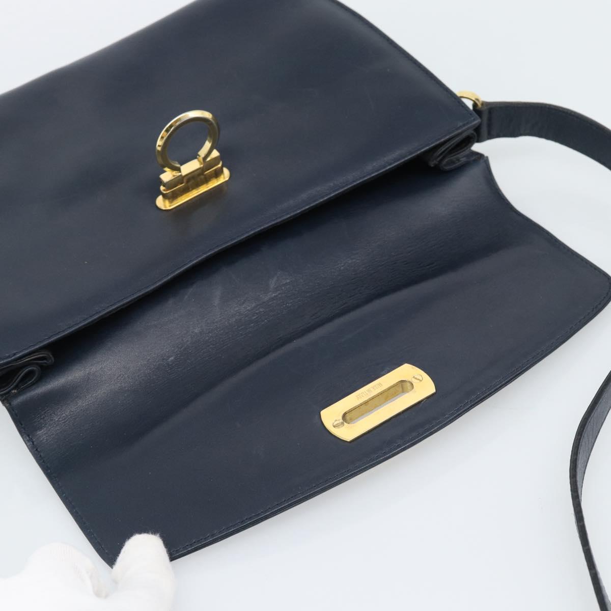 Salvatore Ferragamo Gancini Shoulder Bag Leather Navy Gold Auth BA13700