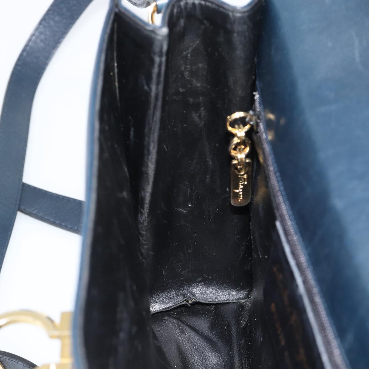 Salvatore Ferragamo Gancini Shoulder Bag Leather Navy Gold Auth BA13700