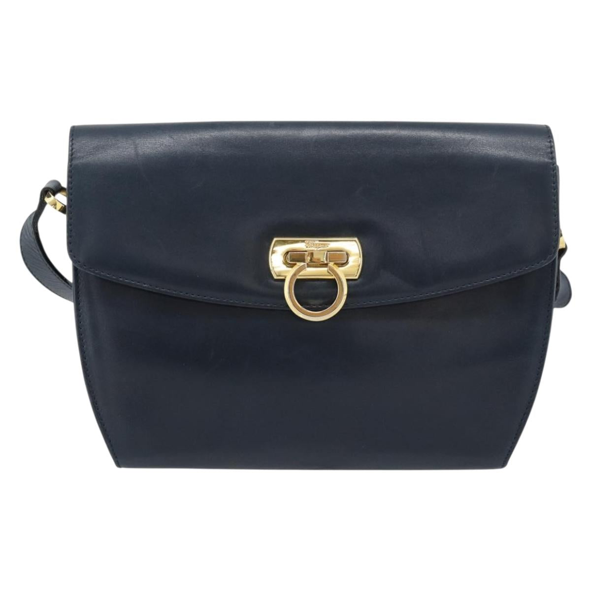 Salvatore Ferragamo Gancini Shoulder Bag Leather Navy Gold Auth BA13700