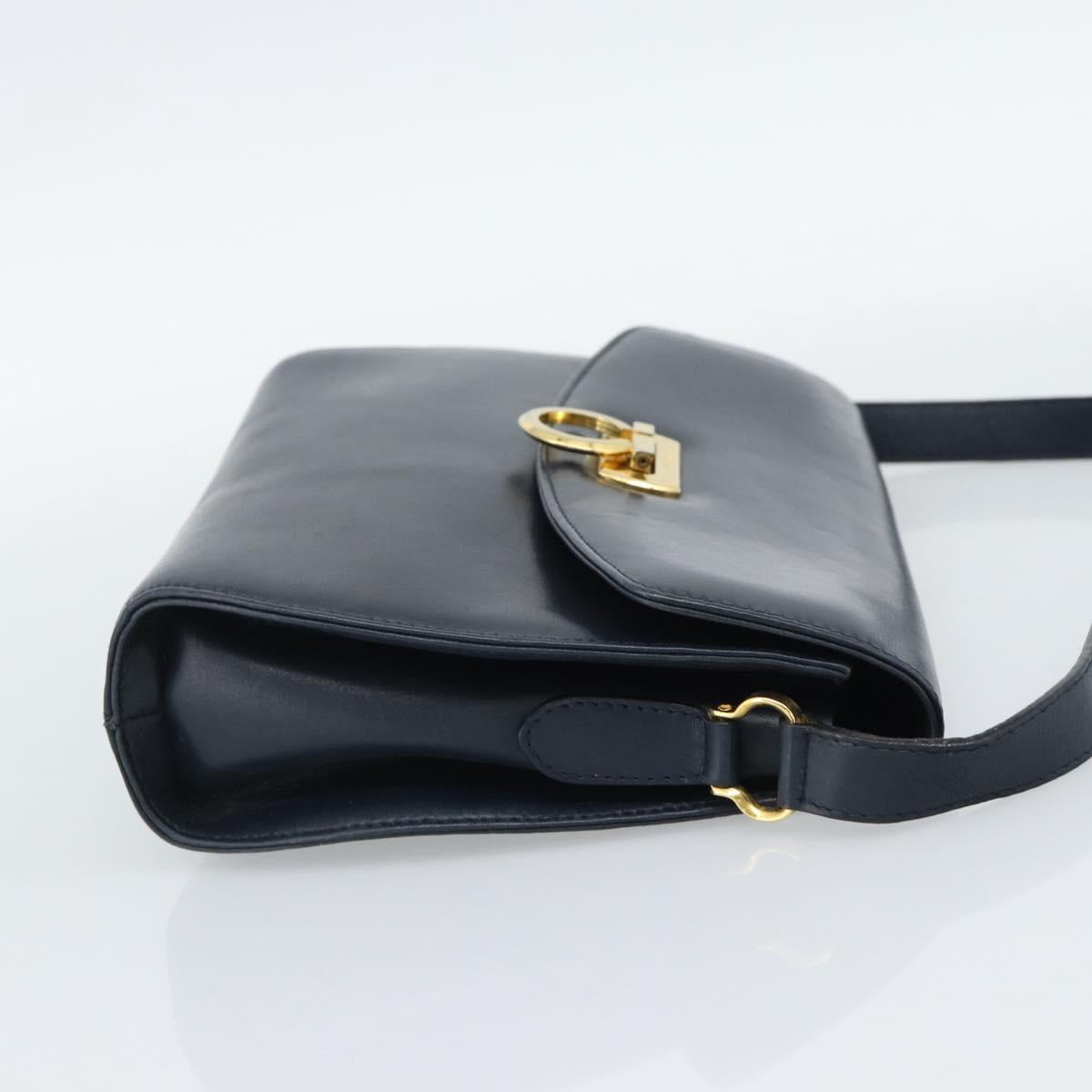 Salvatore Ferragamo Gancini Shoulder Bag Leather Navy Gold Auth BA13700
