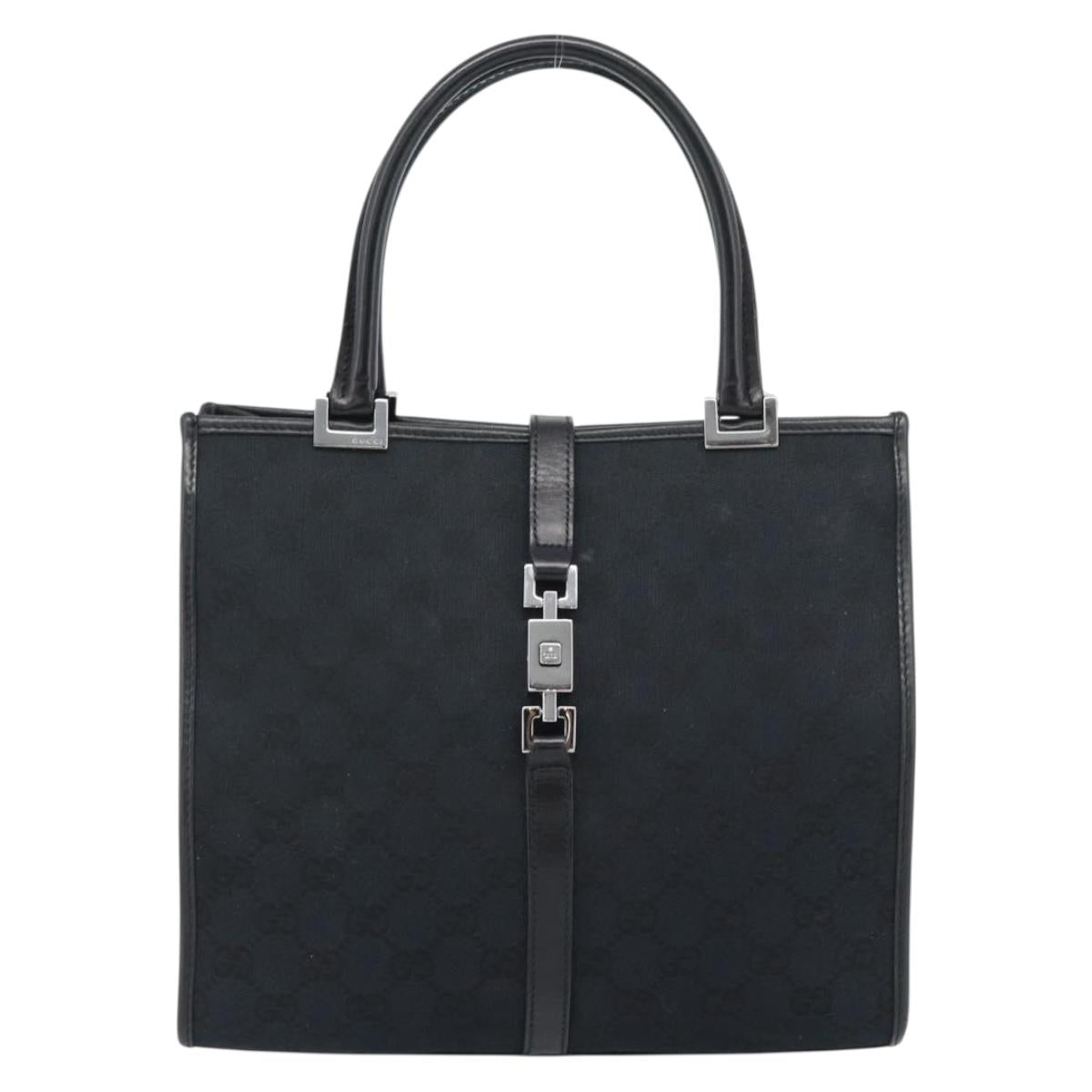 GUCCI GG Canvas Jackie Hand Bag Leather Black Silver 002 1065 Auth BA13717V
