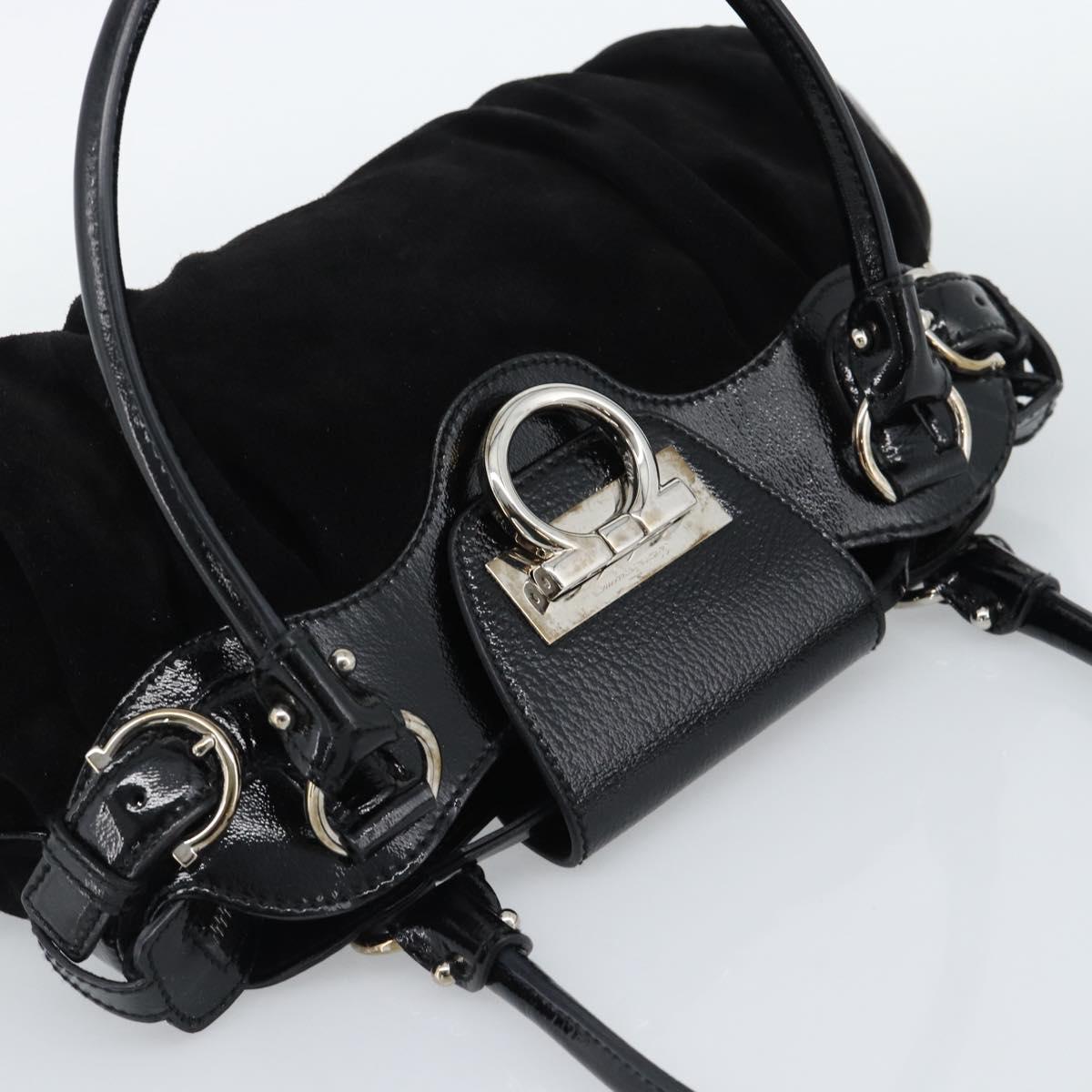 Salvatore Ferragamo Gancini Hand Bag Suede Black Silver Auth BA13719A