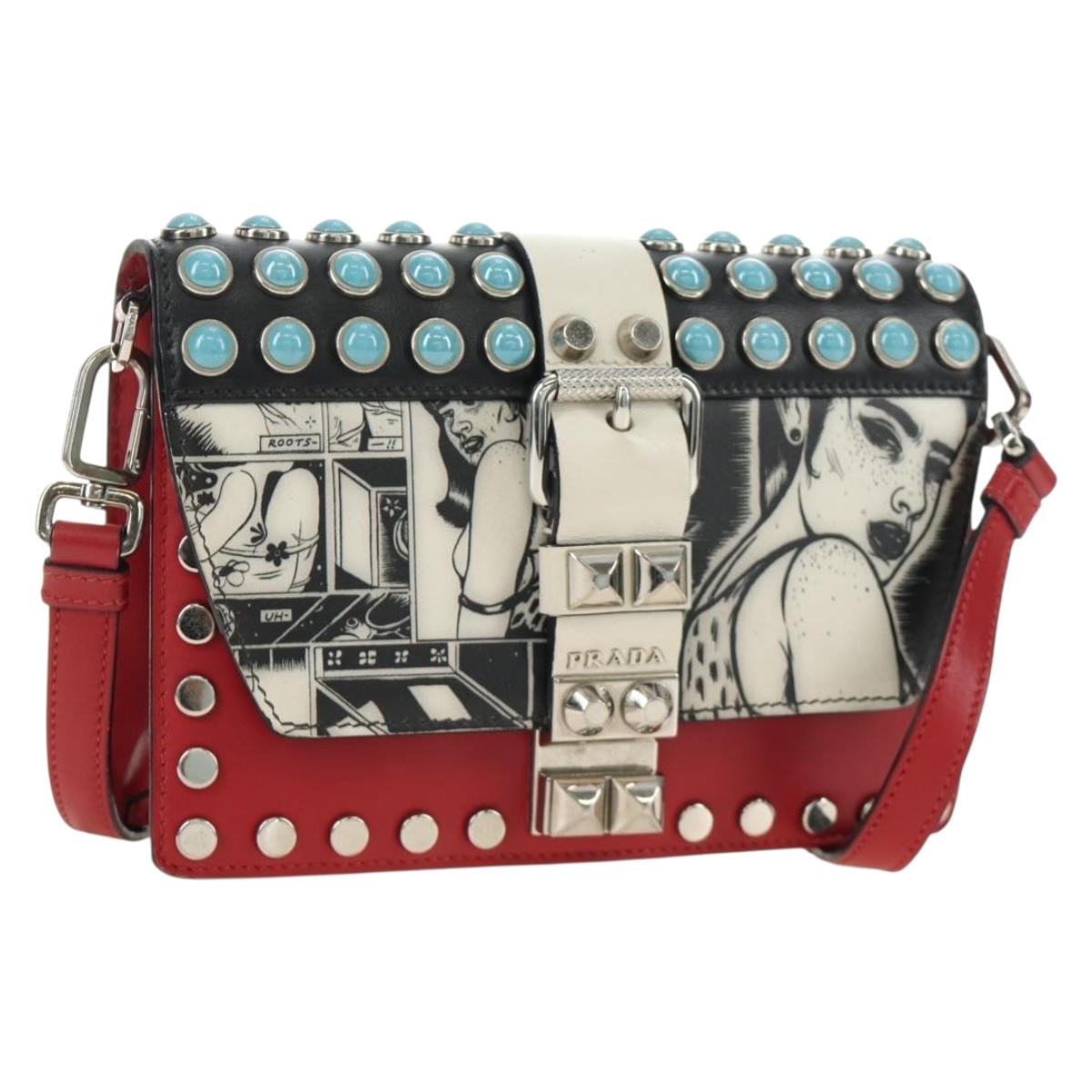PRADA Comic Electra Shoulder Bag Leather Red Silver Auth BA13728V