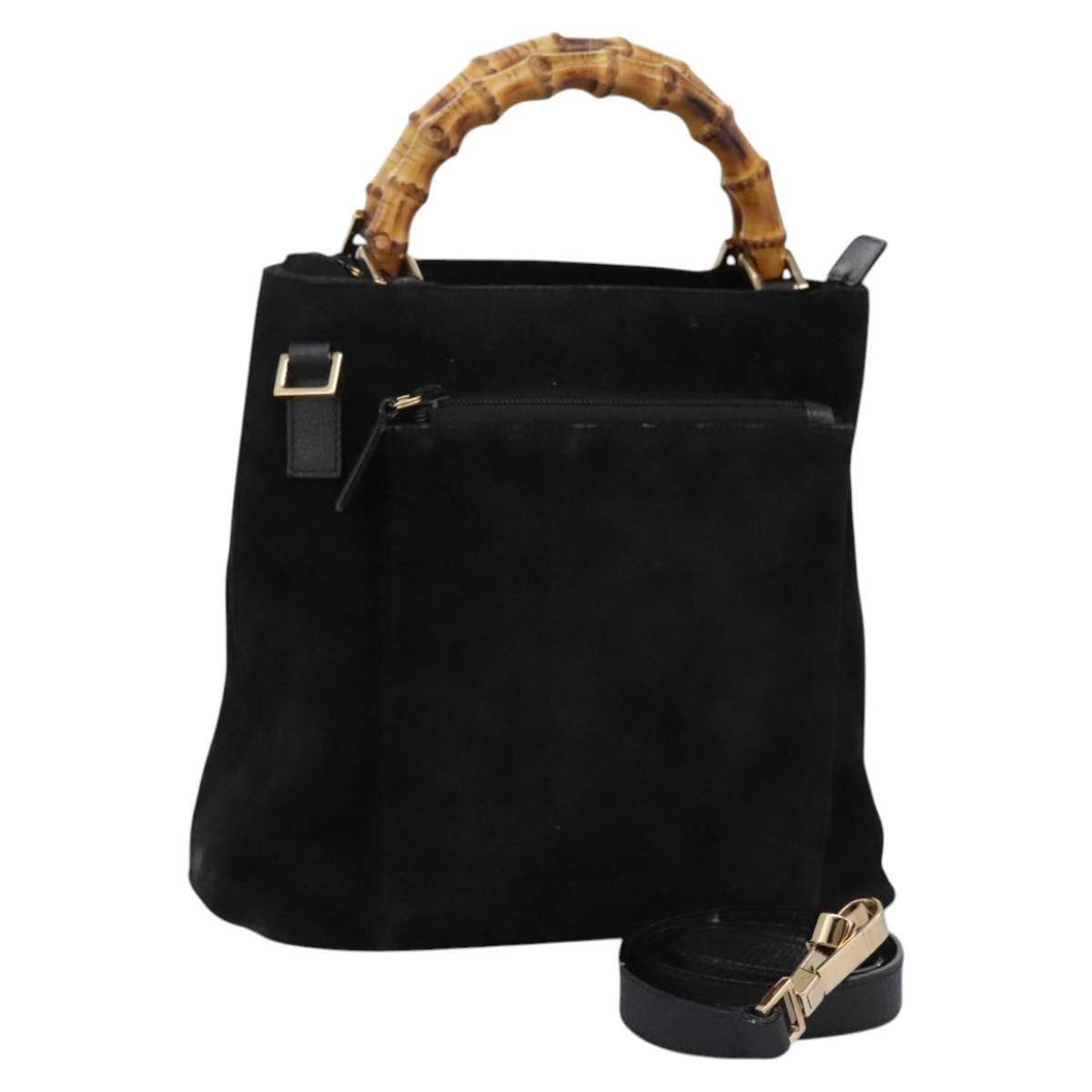 GUCCI Bamboo Hand Bag Suede 2way Black Gold 000 2265 0581 Auth BA1375