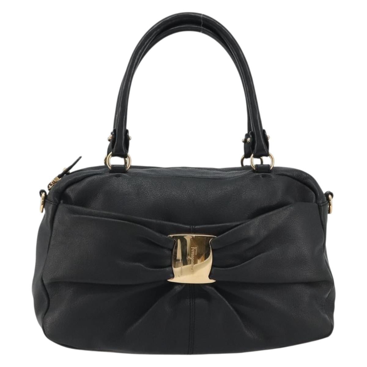 Salvatore Ferragamo Vala Hand Bag Leather Black Gold Auth BA13758