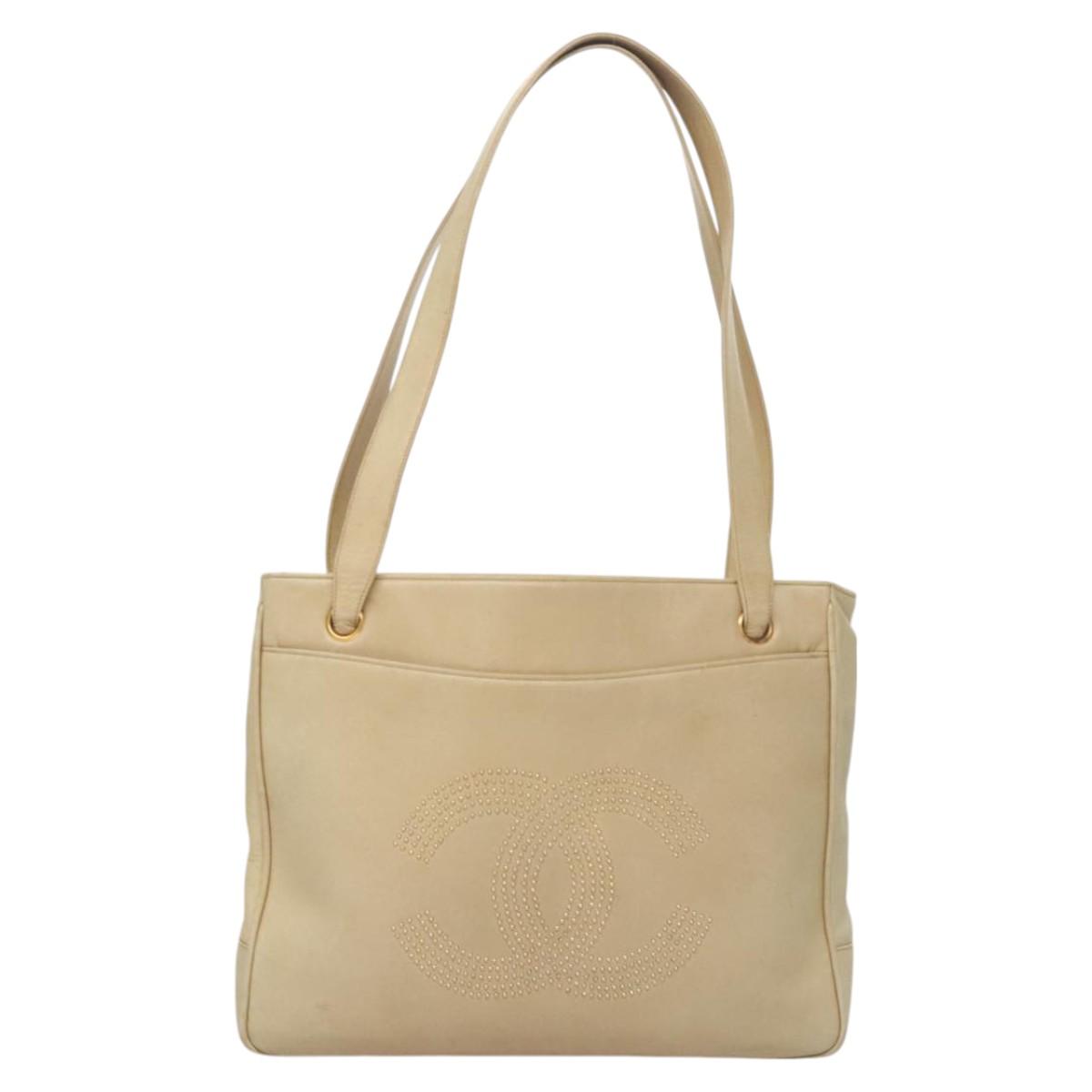 CHANEL COCO Mark Shoulder Bag Lamb Skin Beige Gold CC Auth BA1376