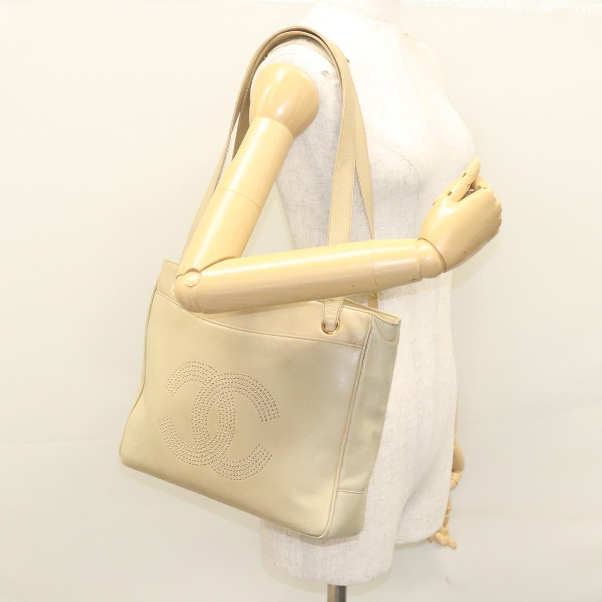 CHANEL COCO Mark Shoulder Bag Lamb Skin Beige Gold CC Auth BA1376