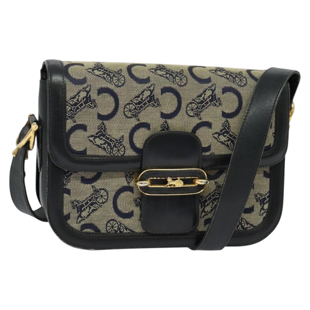 CELINE C Sulky Shoulder Bag Canvas Navy Gold Auth BA1378