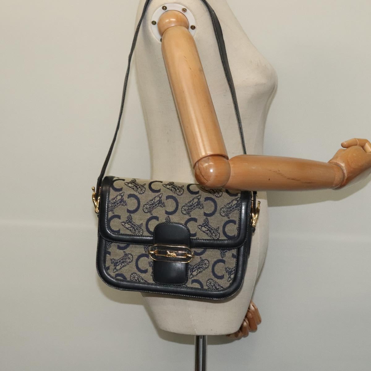 CELINE C Sulky Shoulder Bag Canvas Navy Gold Auth BA1378