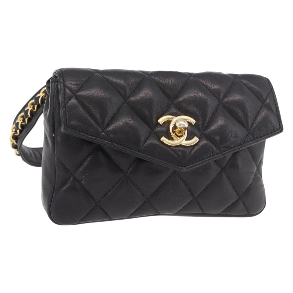 CHANEL Matelasse Waist Bag Lamb Skin Black Gold CC Auth BA13785A