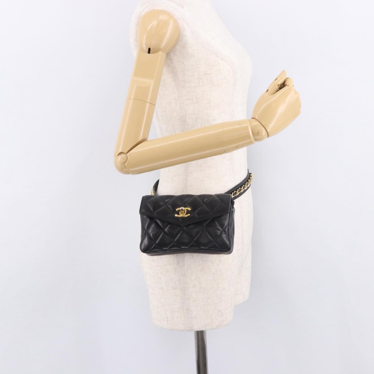 CHANEL Matelasse Waist Bag Lamb Skin Black Gold CC Auth BA13785A