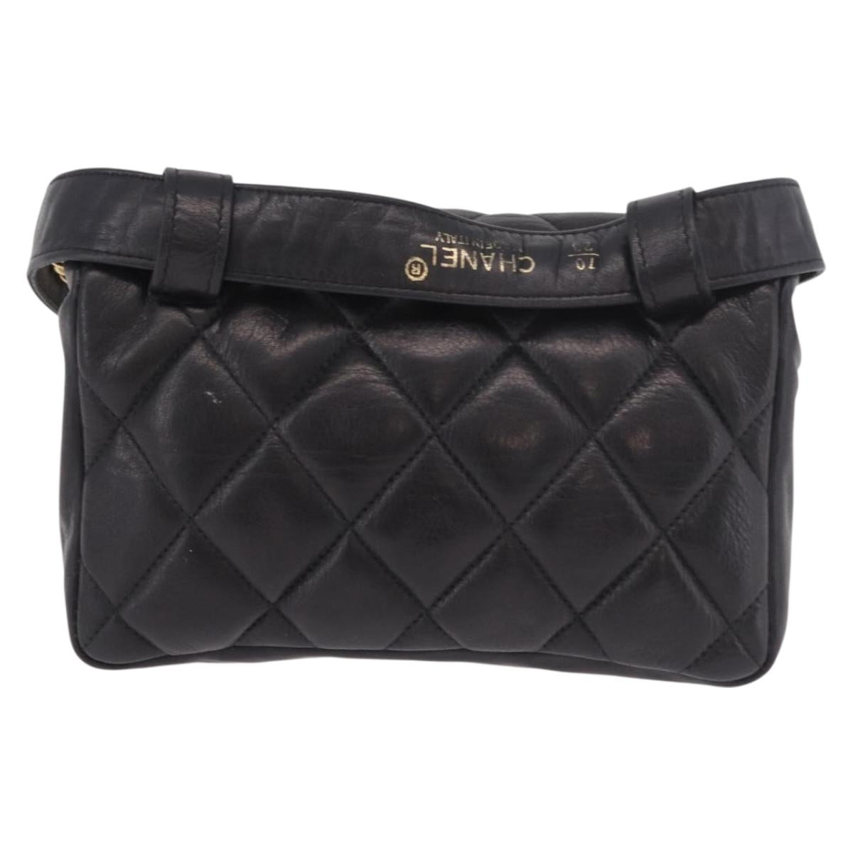 CHANEL Matelasse Waist Bag Lamb Skin Black Gold CC Auth BA13785A