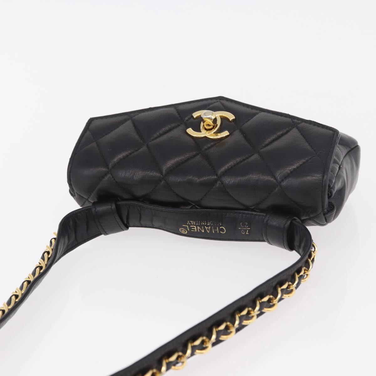 CHANEL Matelasse Waist Bag Lamb Skin Black Gold CC Auth BA13785A
