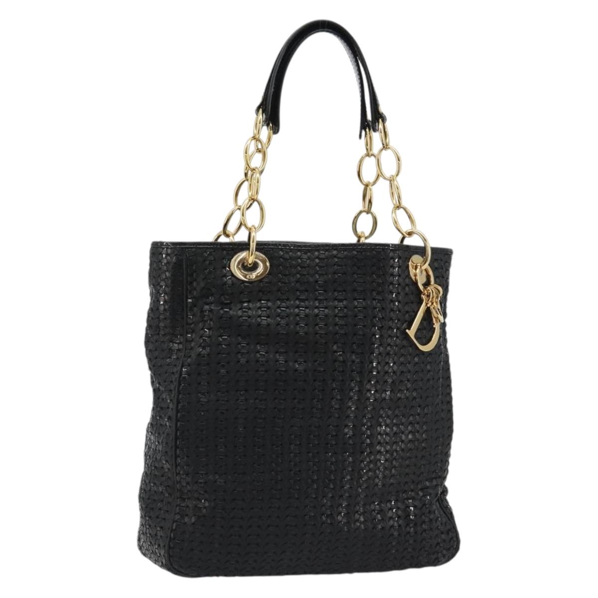 Christian Dior Chain Tote Bag Leather Black Gold Auth BA13797V