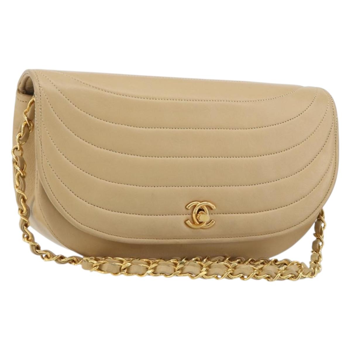 CHANEL Half Moon Chain Shoulder Bag Lamb Skin Beige Gold CC Auth BA13807A