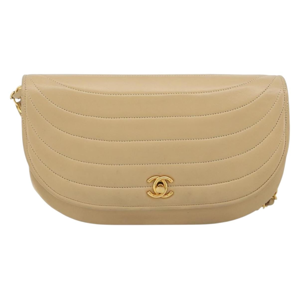 CHANEL Half Moon Chain Shoulder Bag Lamb Skin Beige Gold CC Auth BA13807A