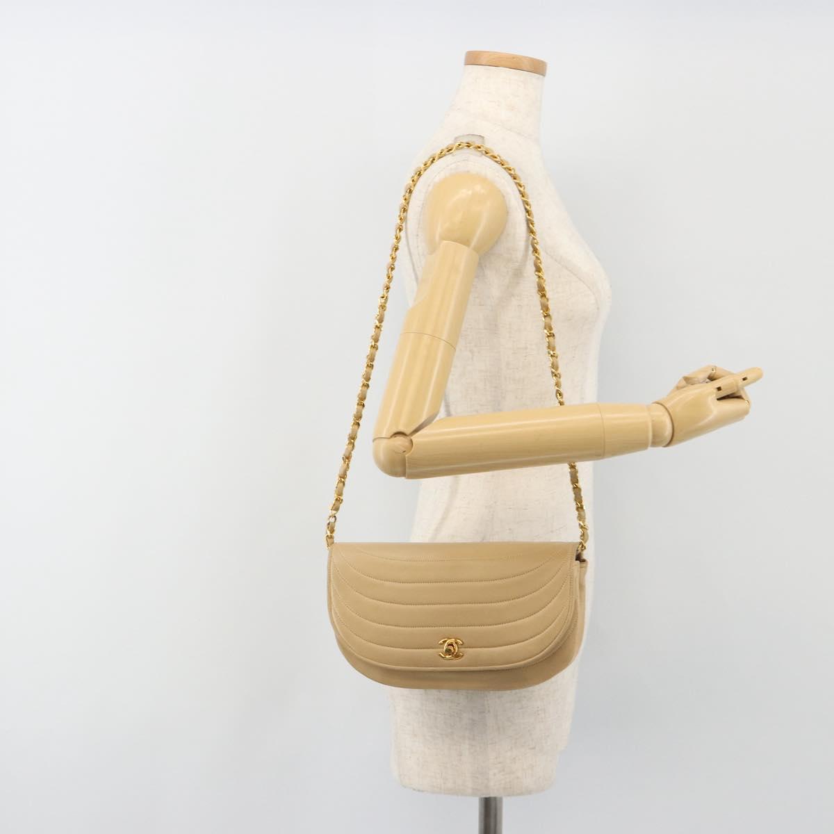CHANEL Half Moon Chain Shoulder Bag Lamb Skin Beige Gold CC Auth BA13807A