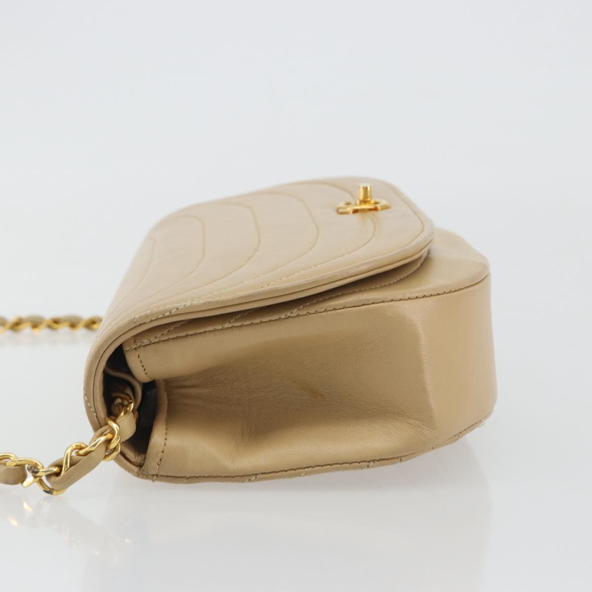 CHANEL Half Moon Chain Shoulder Bag Lamb Skin Beige Gold CC Auth BA13807A