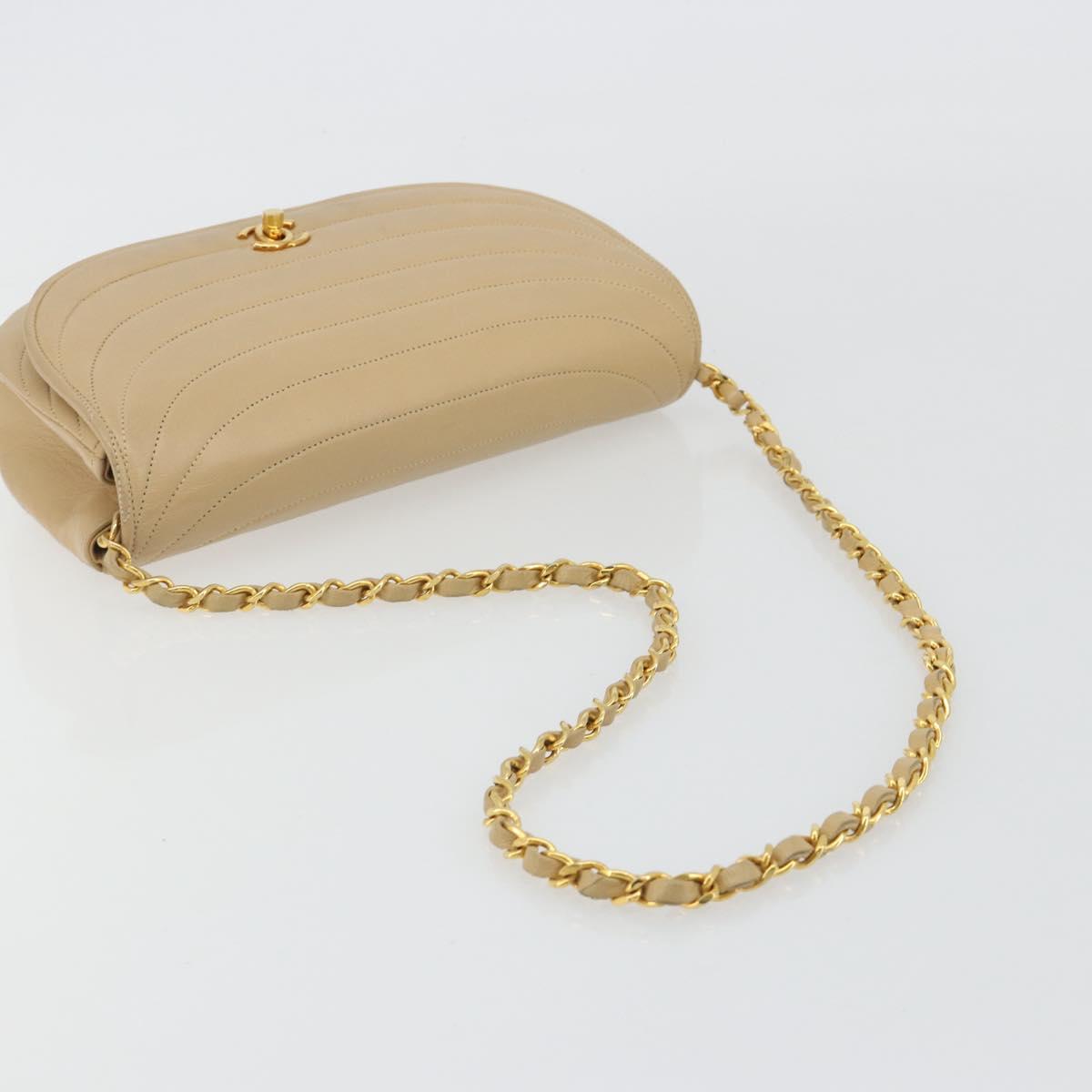 CHANEL Half Moon Chain Shoulder Bag Lamb Skin Beige Gold CC Auth BA13807A