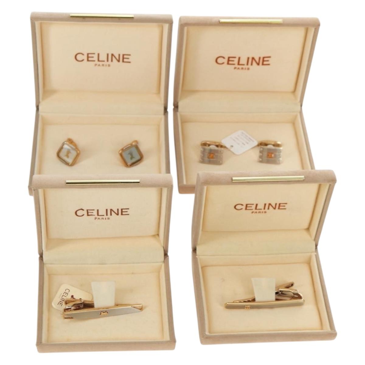 CELINE Nek Tie Pin Cuffs metal 4 Set Gold Tone Auth BA13869