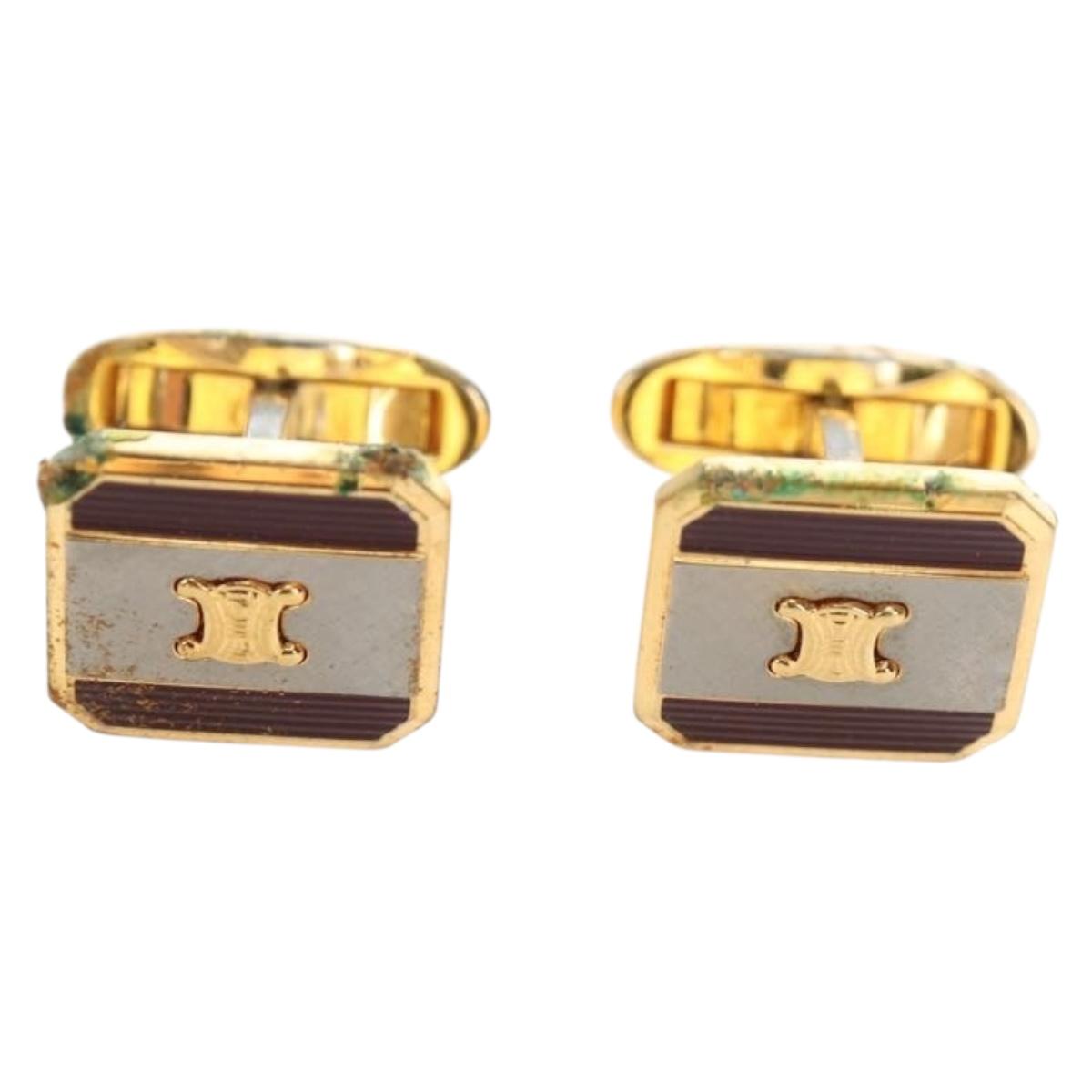 CELINE Nek Tie Pin Cuffs metal 12 Set Gold Tone Auth BA13870