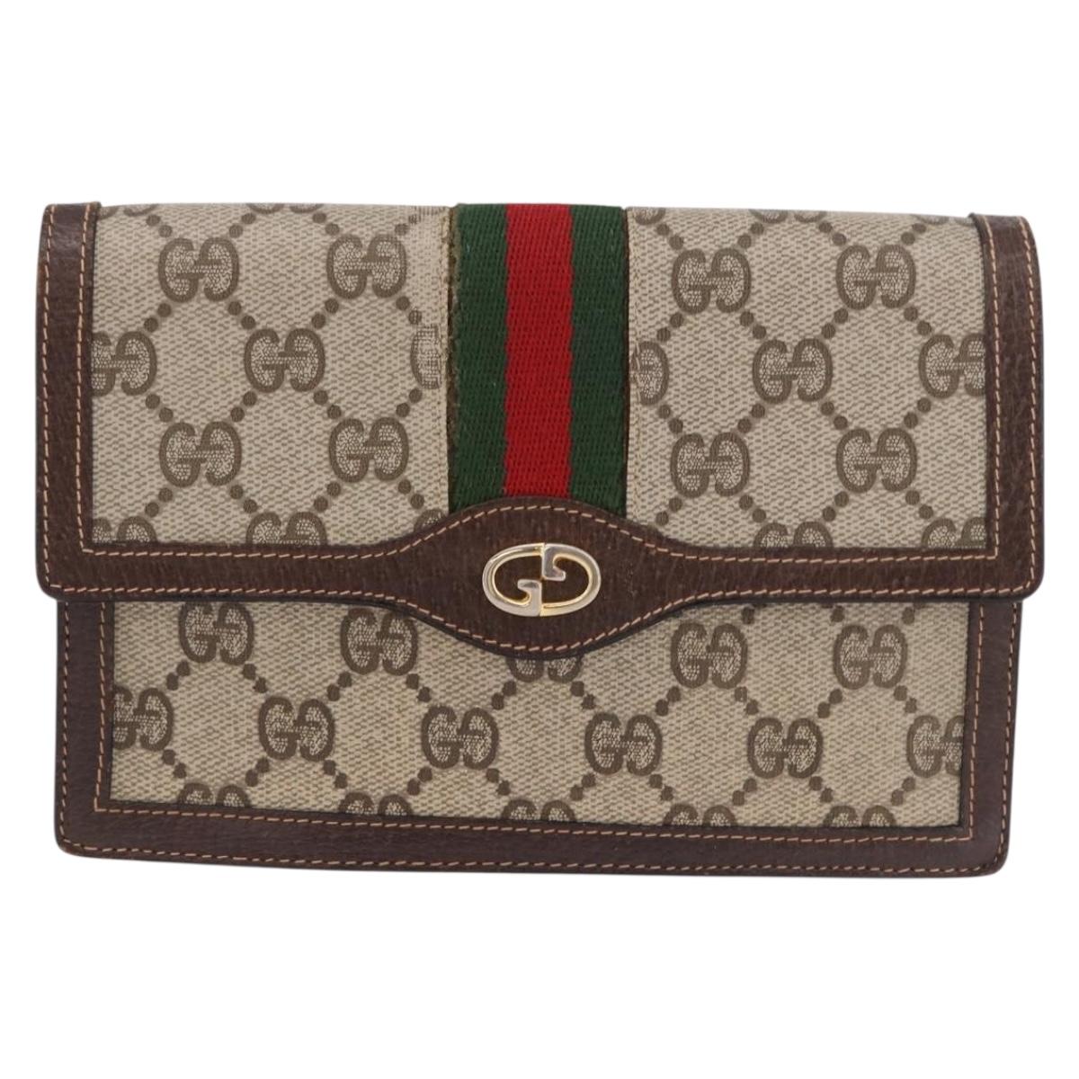 GUCCI GG Supreme Web Sherry Line Pouch PVC Beige Gold Auth BA13871