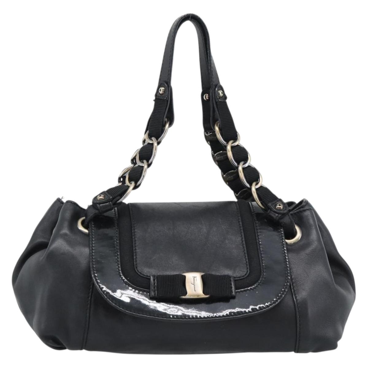 Salvatore Ferragamo Vara Ribbon Chain Hand Bag Leather Black Auth BA13892A