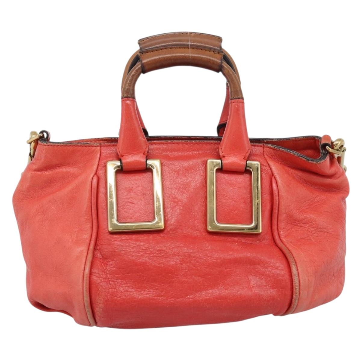 Chloe Etel Hand Bag Leather 2way Red Gold Auth BA13902