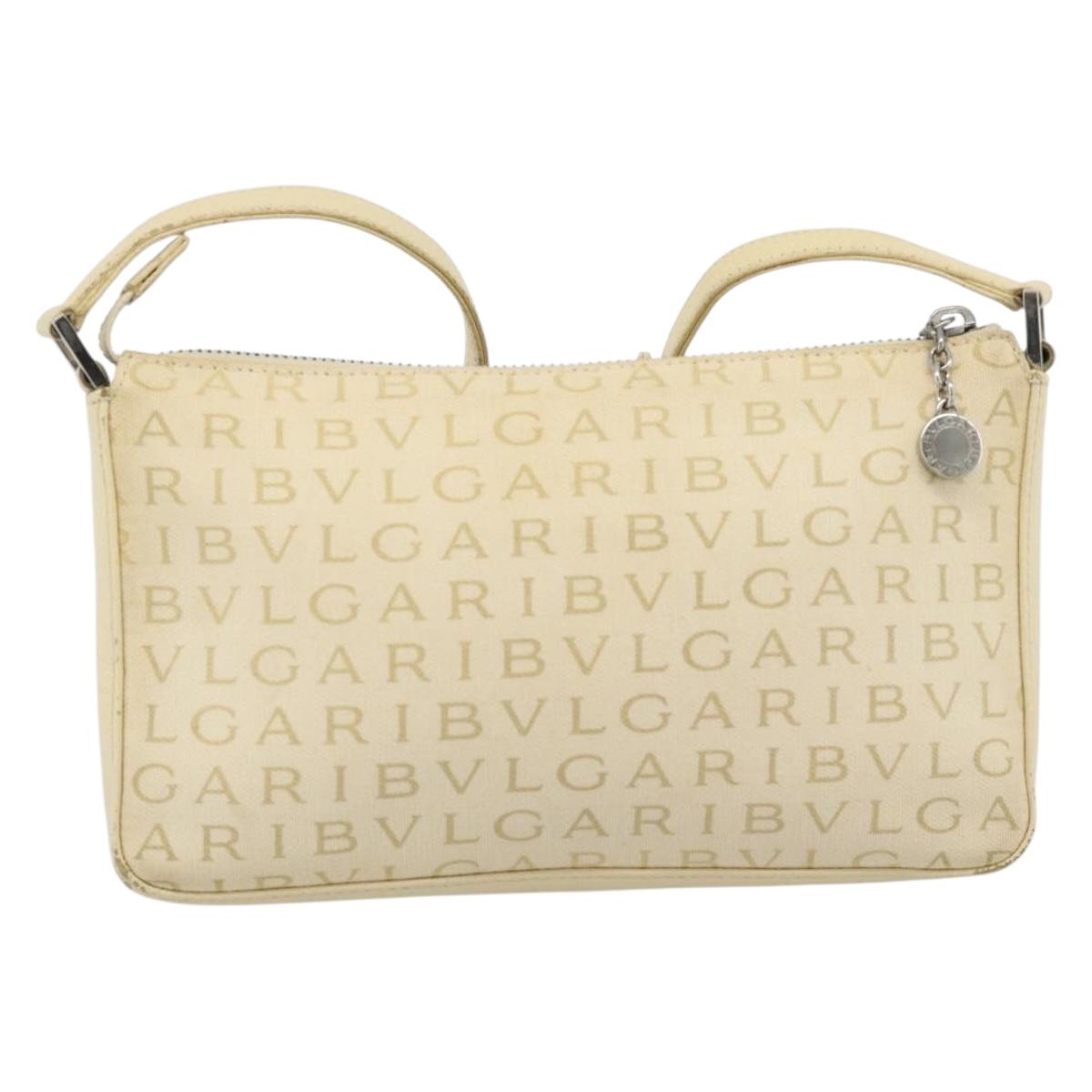 BVLGARI Logo Mania Shoulder Bag Beige Silver Auth BA13903