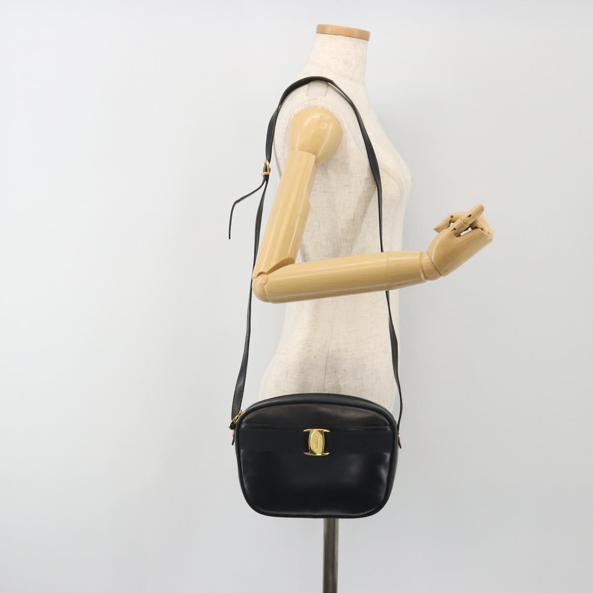 Salvatore Ferragamo Vala Shoulder Bag Leather Black Gold Auth BA13929