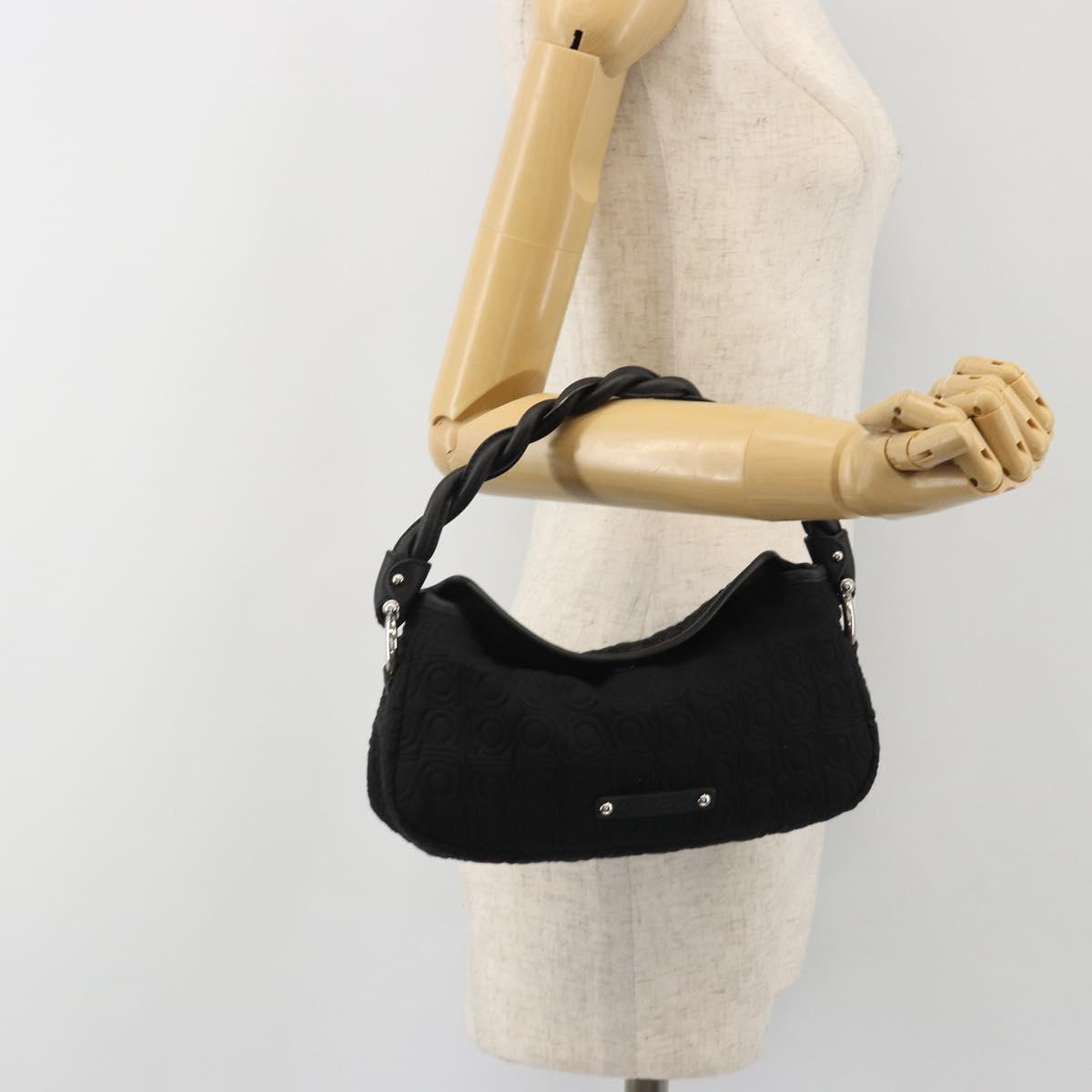 Salvatore Ferragamo Gancini Hand Bag Cotton Black Silver Auth BA13932A