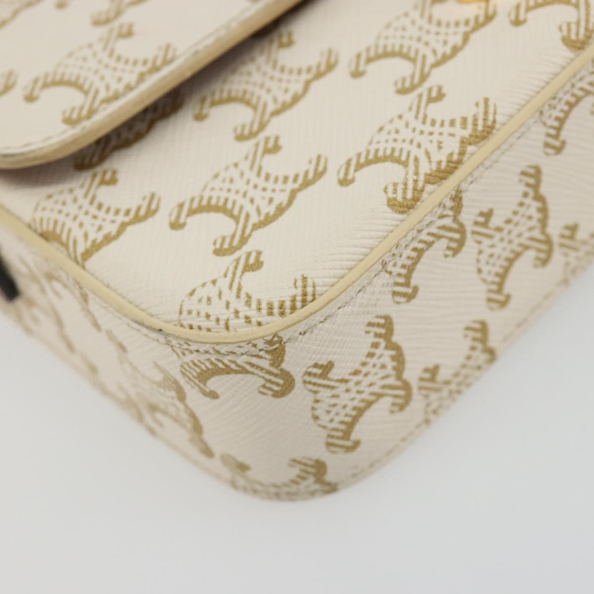 CELINE Triomphe Shoulder Bag Leather White Gold Auth BA13935M