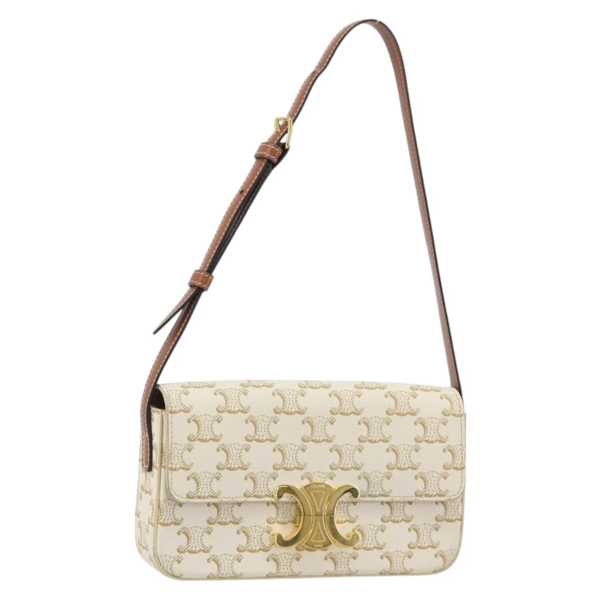 CELINE Triomphe Shoulder Bag Leather White Gold Auth BA13935M