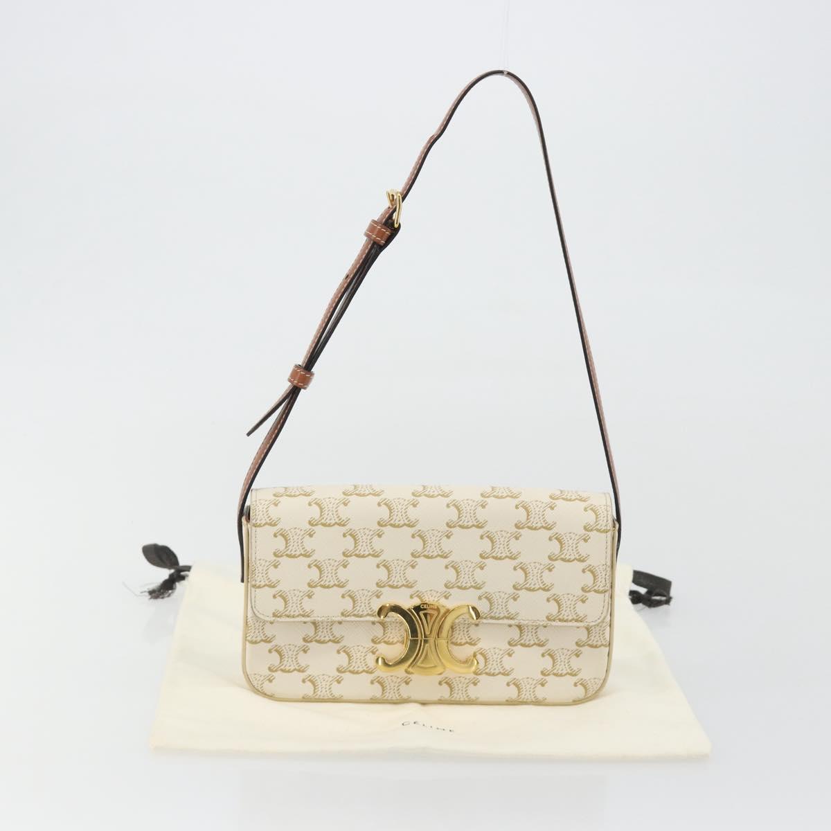 CELINE Triomphe Shoulder Bag Leather White Gold Auth BA13935M