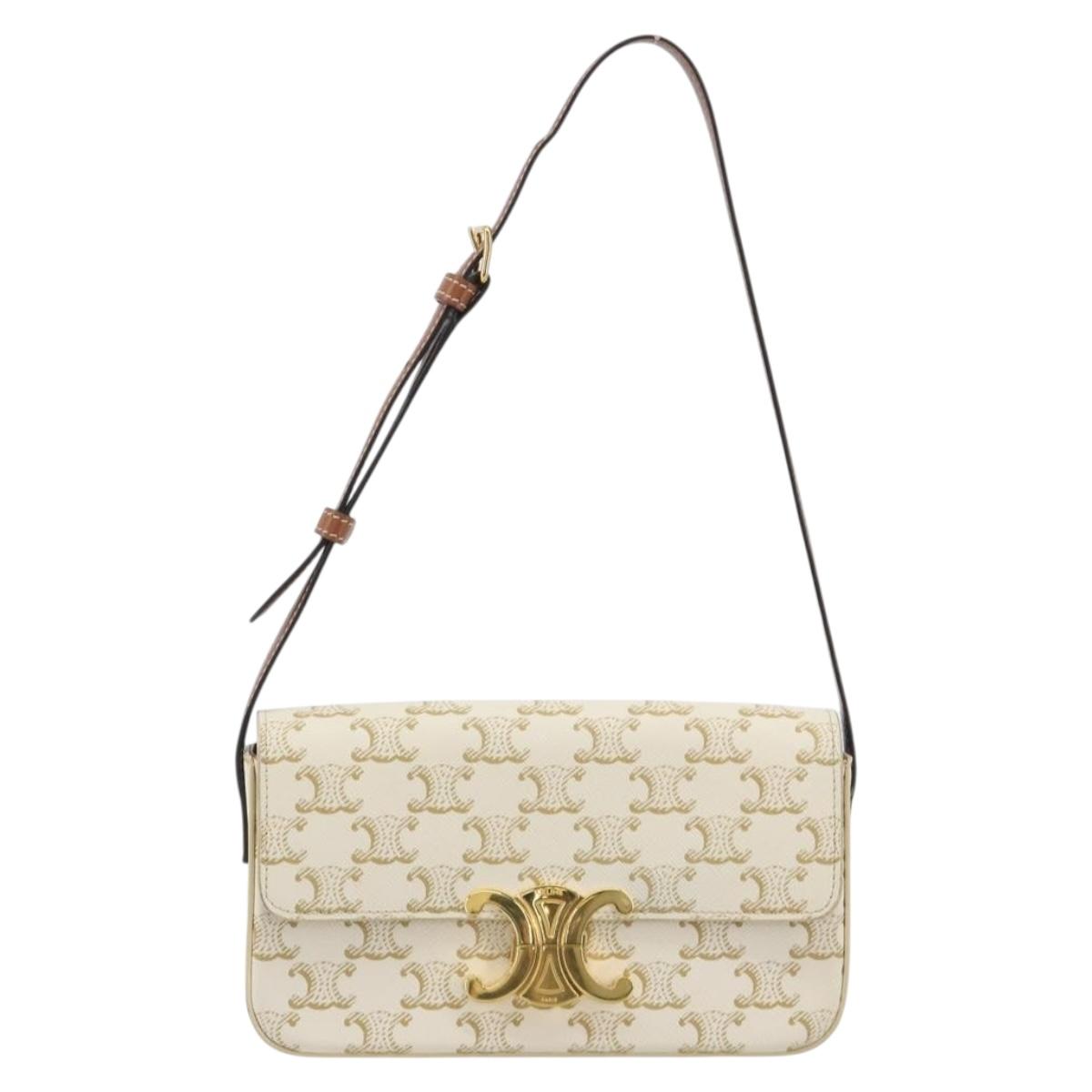 CELINE Triomphe Shoulder Bag Leather White Gold Auth BA13935M