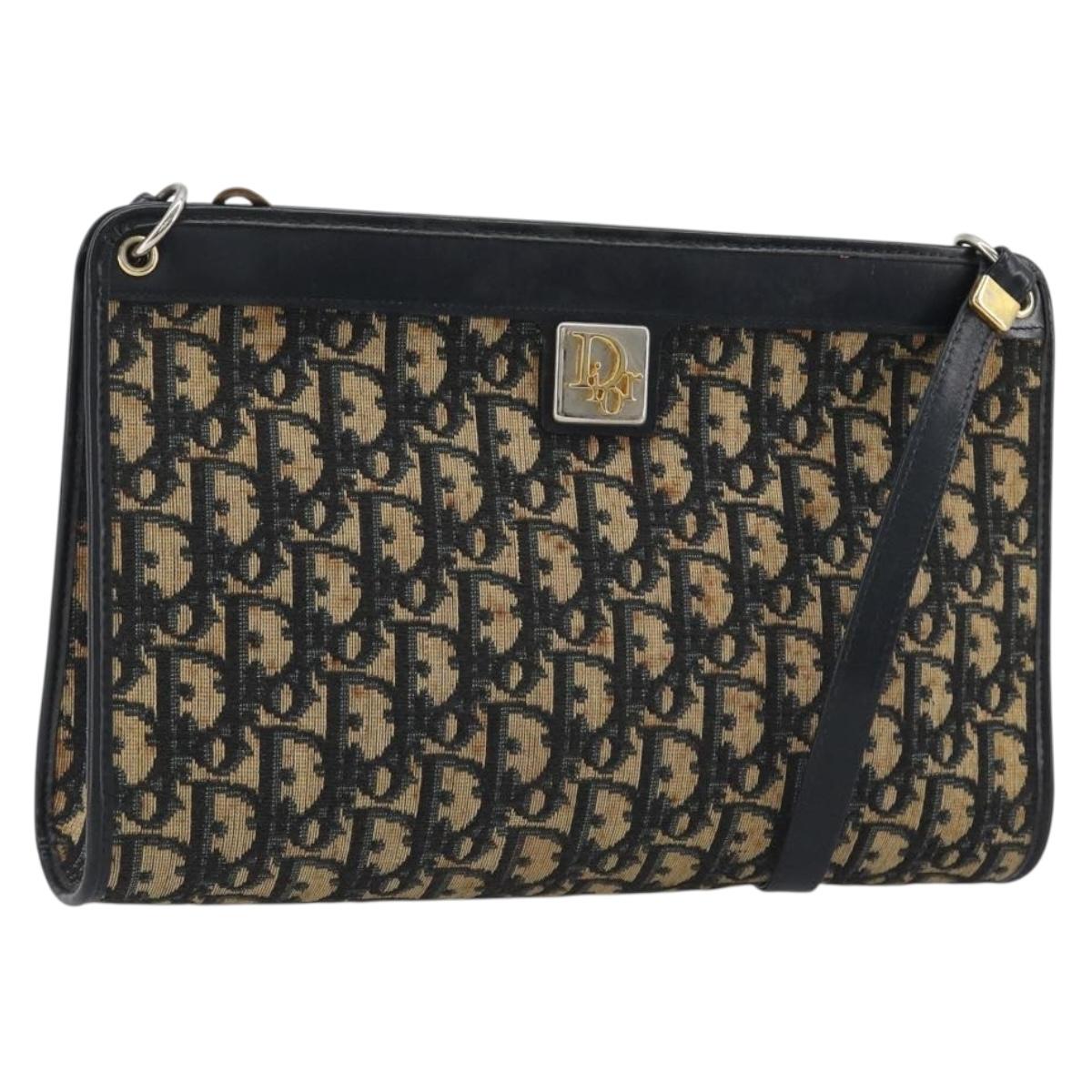 Christian Dior Trotter Canvas Shoulder Bag Navy Gold Auth BA13956