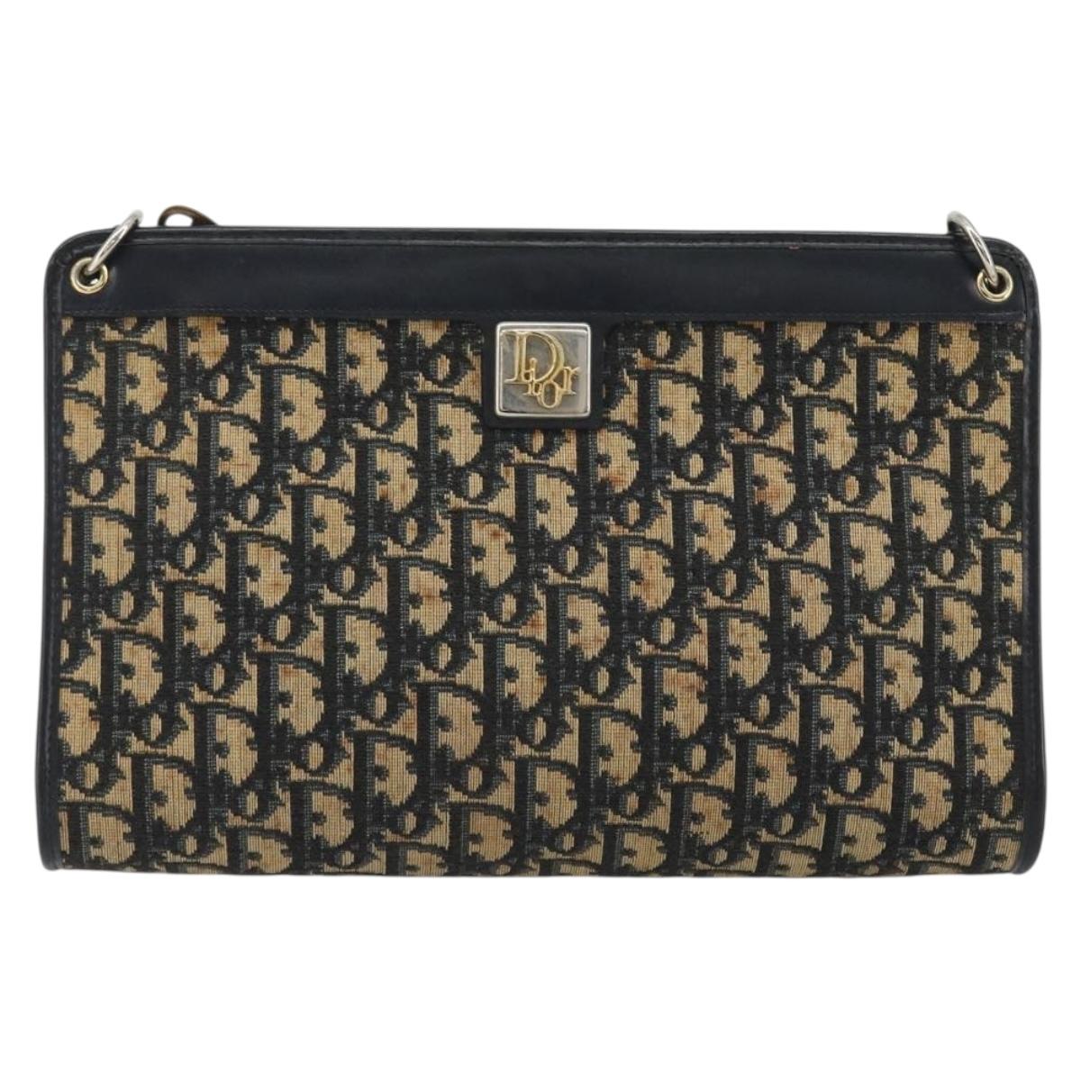 Christian Dior Trotter Canvas Shoulder Bag Navy Gold Auth BA13956