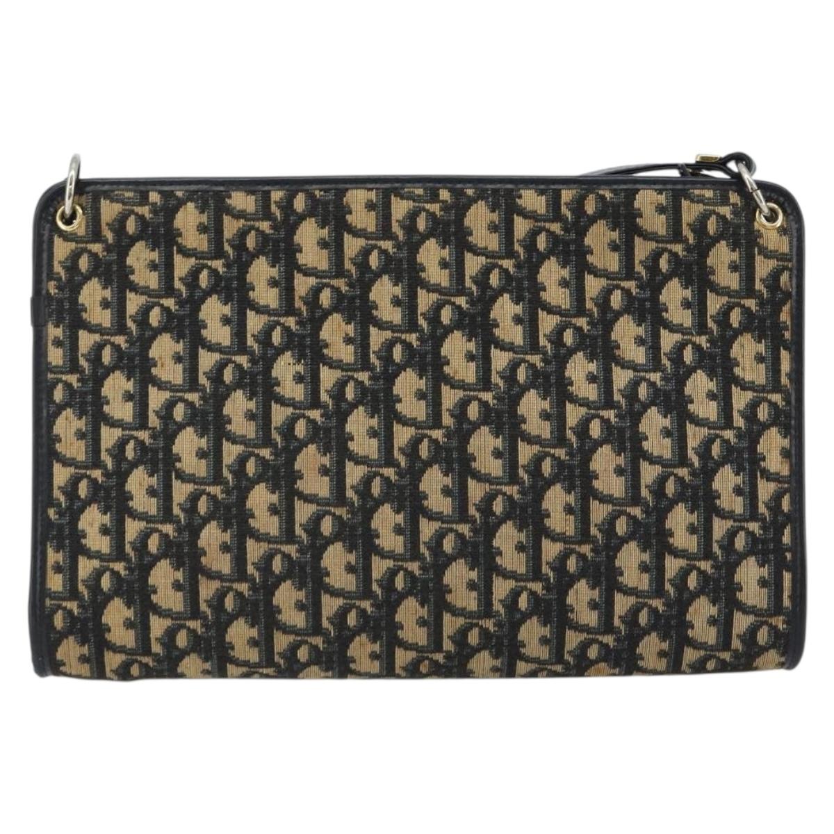 Christian Dior Trotter Canvas Shoulder Bag Navy Gold Auth BA13956