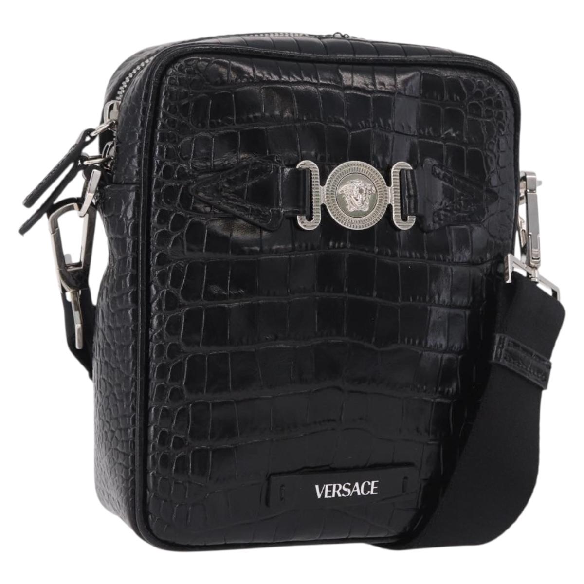 VERSACE Shoulder Bag Leather Black Silver Auth BA13966V