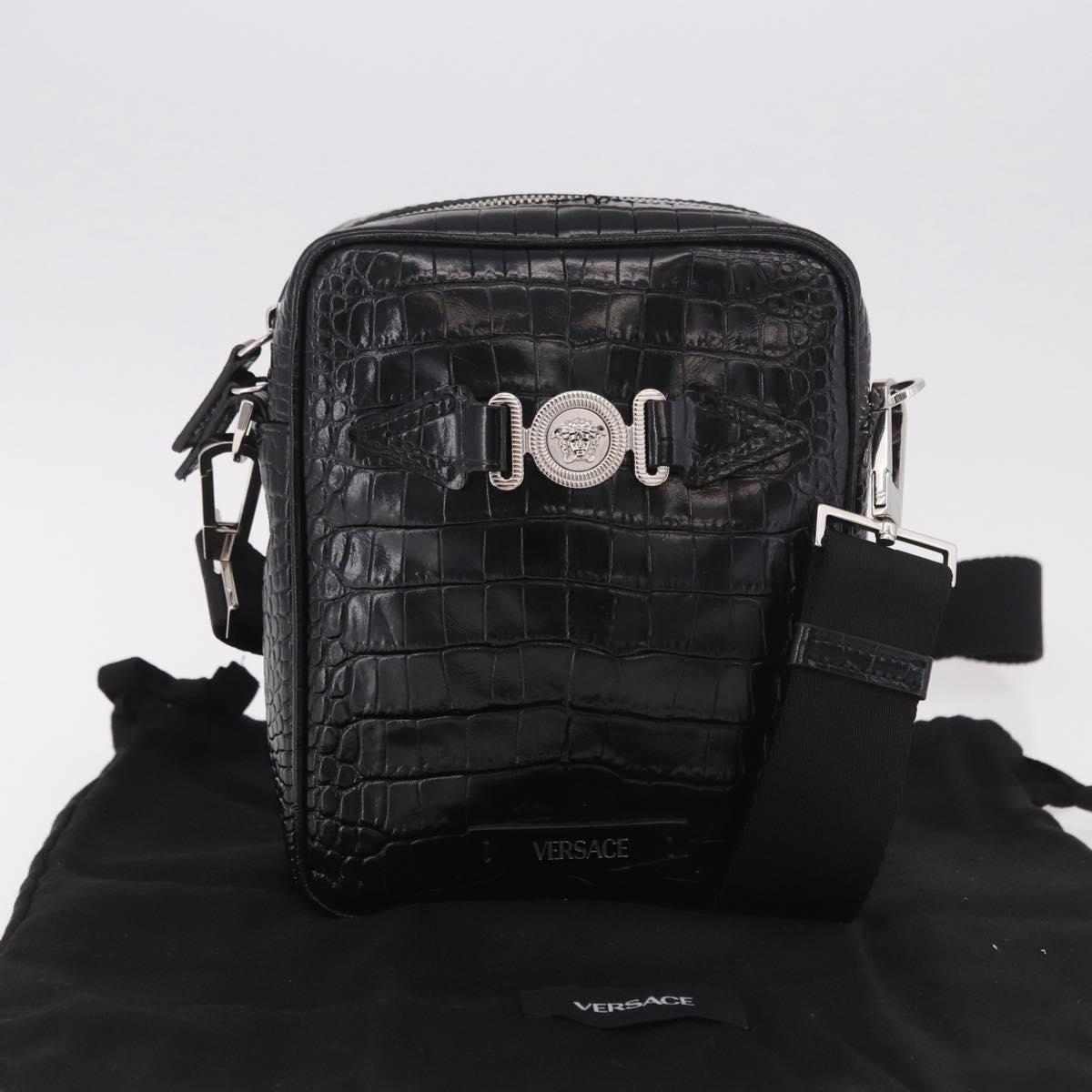 VERSACE Shoulder Bag Leather Black Silver Auth BA13966V