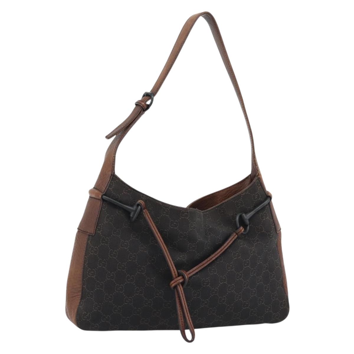 GUCCI GG Canvas Horsebit Shoulder Bag Dark Brown Black 101975 Auth BA13967A