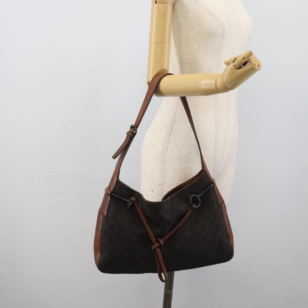 GUCCI GG Canvas Horsebit Shoulder Bag Dark Brown Black 101975 Auth BA13967A