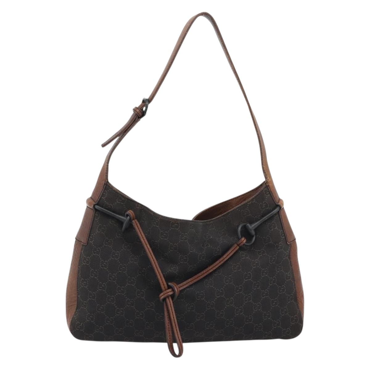 GUCCI GG Canvas Horsebit Shoulder Bag Dark Brown Black 101975 Auth BA13967A
