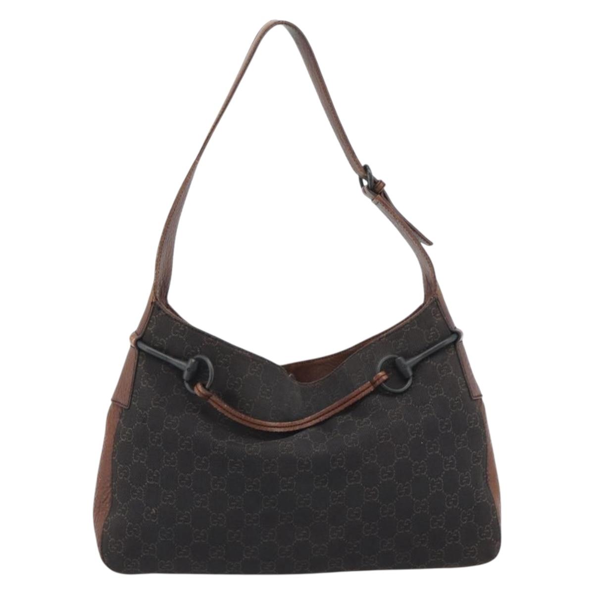 GUCCI GG Canvas Horsebit Shoulder Bag Dark Brown Black 101975 Auth BA13967A