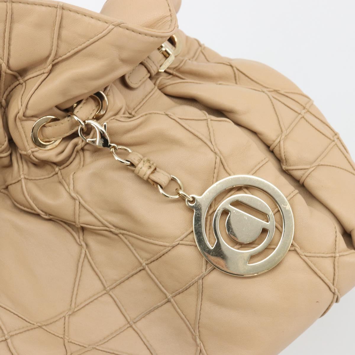 Christian Dior Chain Drawstring Bag Leather Beige Gold Auth BA13968A