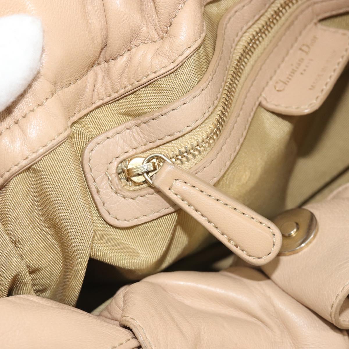Christian Dior Chain Drawstring Bag Leather Beige Gold Auth BA13968A